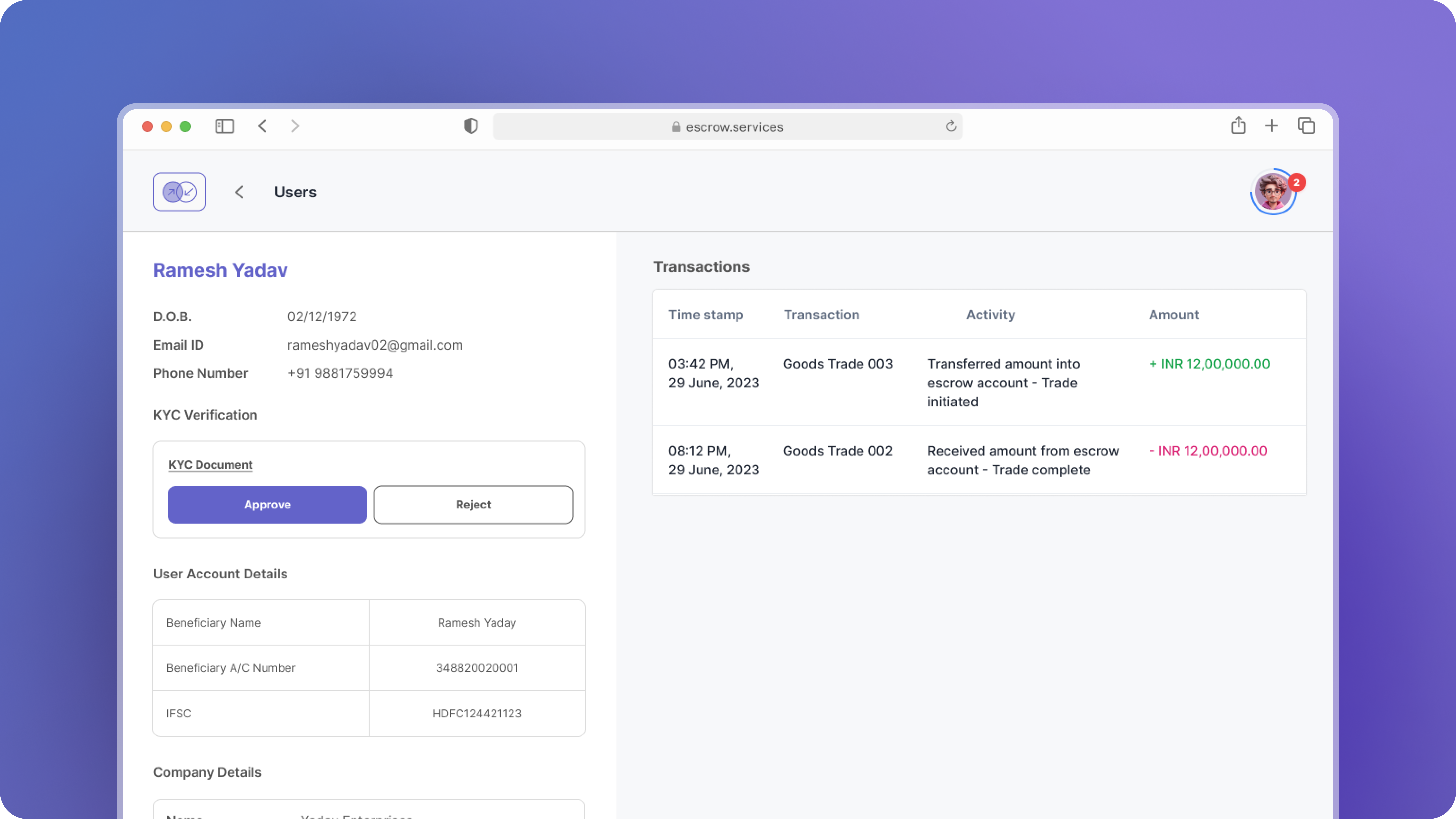 User dashboard