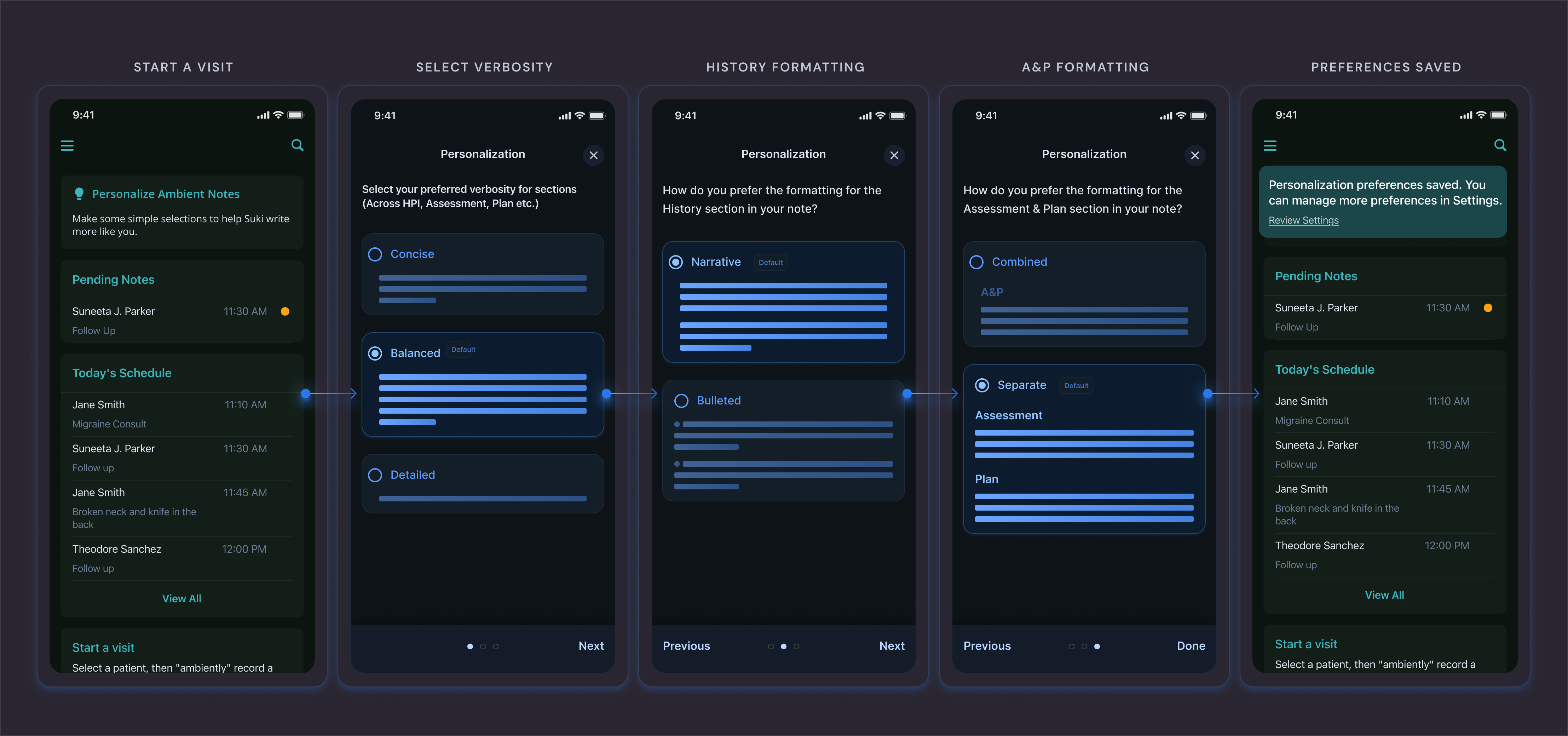 Onboarding screen with a short set of note-style questions and a link to full settings, dark mode